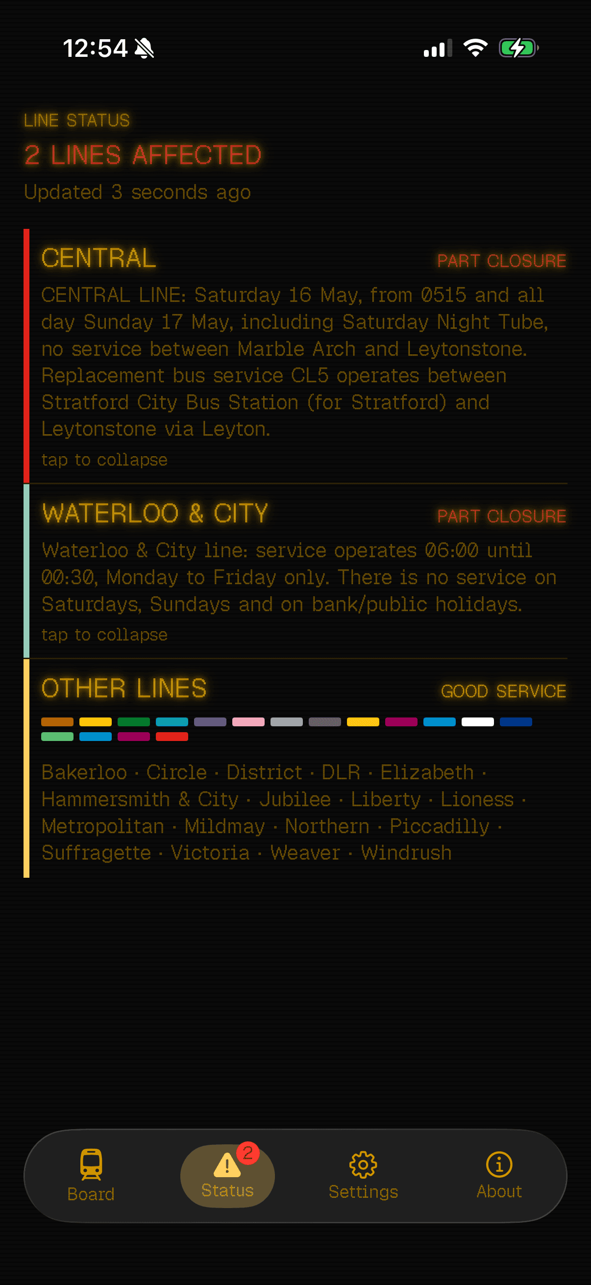 Tubbie Status tab. Two lines affected, with detailed disruption text for Central and Waterloo & City.