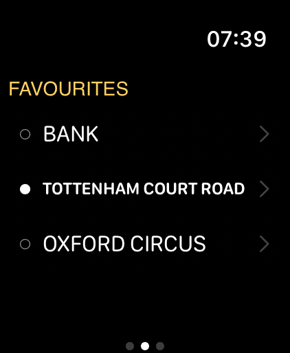 Tubbie on Apple Watch. Favourites list with Bank, Tottenham Court Road and Oxford Circus.